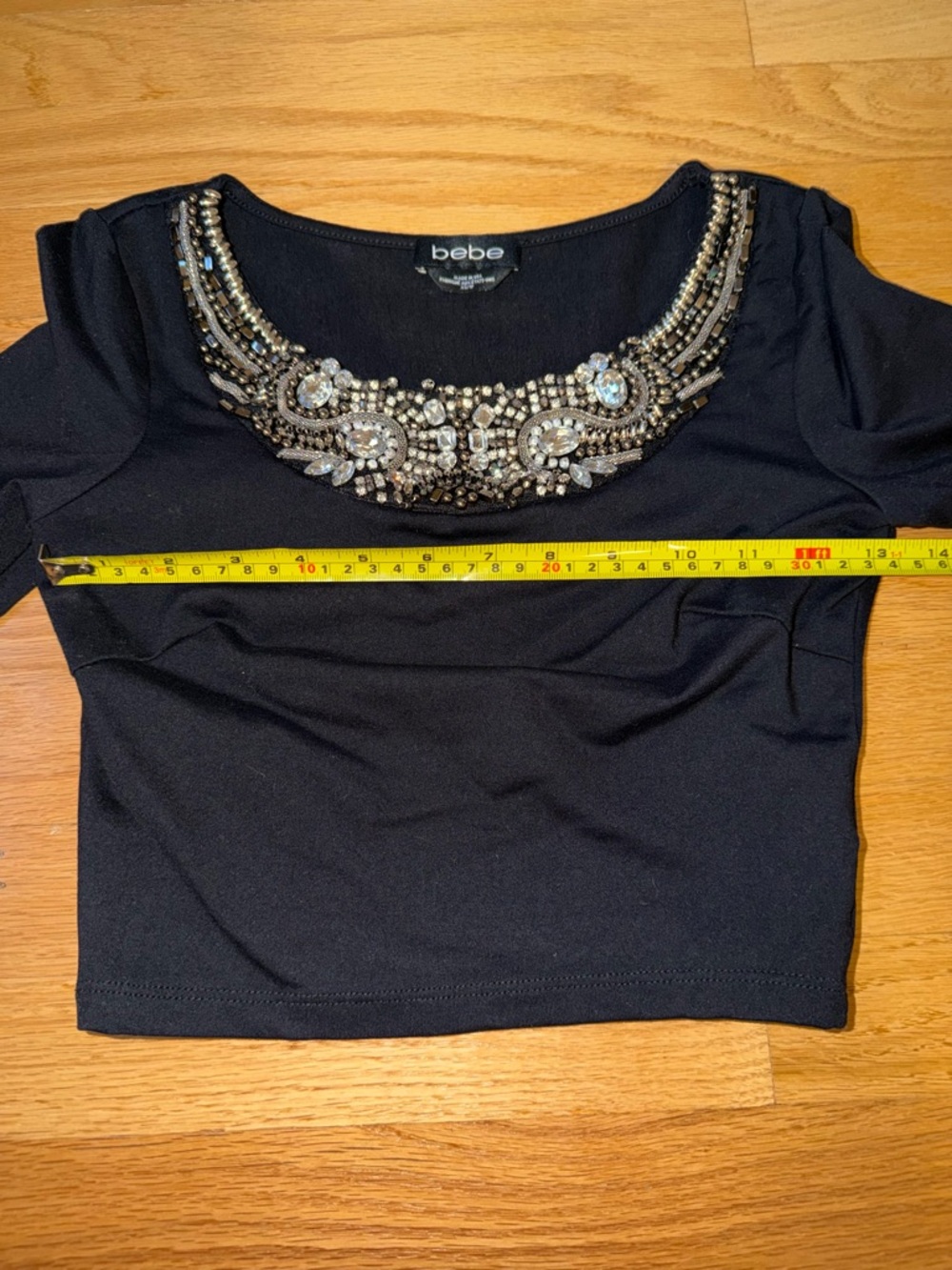 bebe Black Long-Sleeve Cropped Top with Beaded Collar